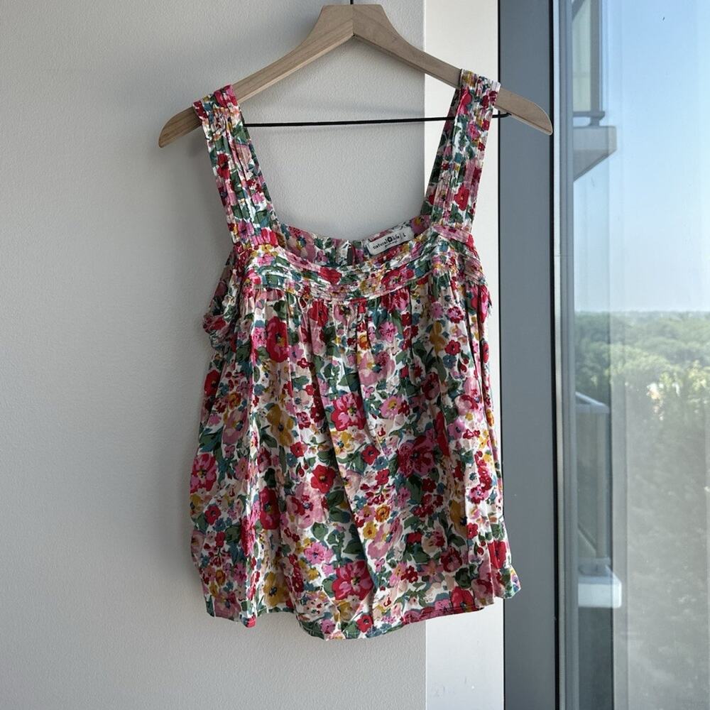 Natural Life Multicolor Floral Cotton Woven Pleated Square Neck Tank Women's L